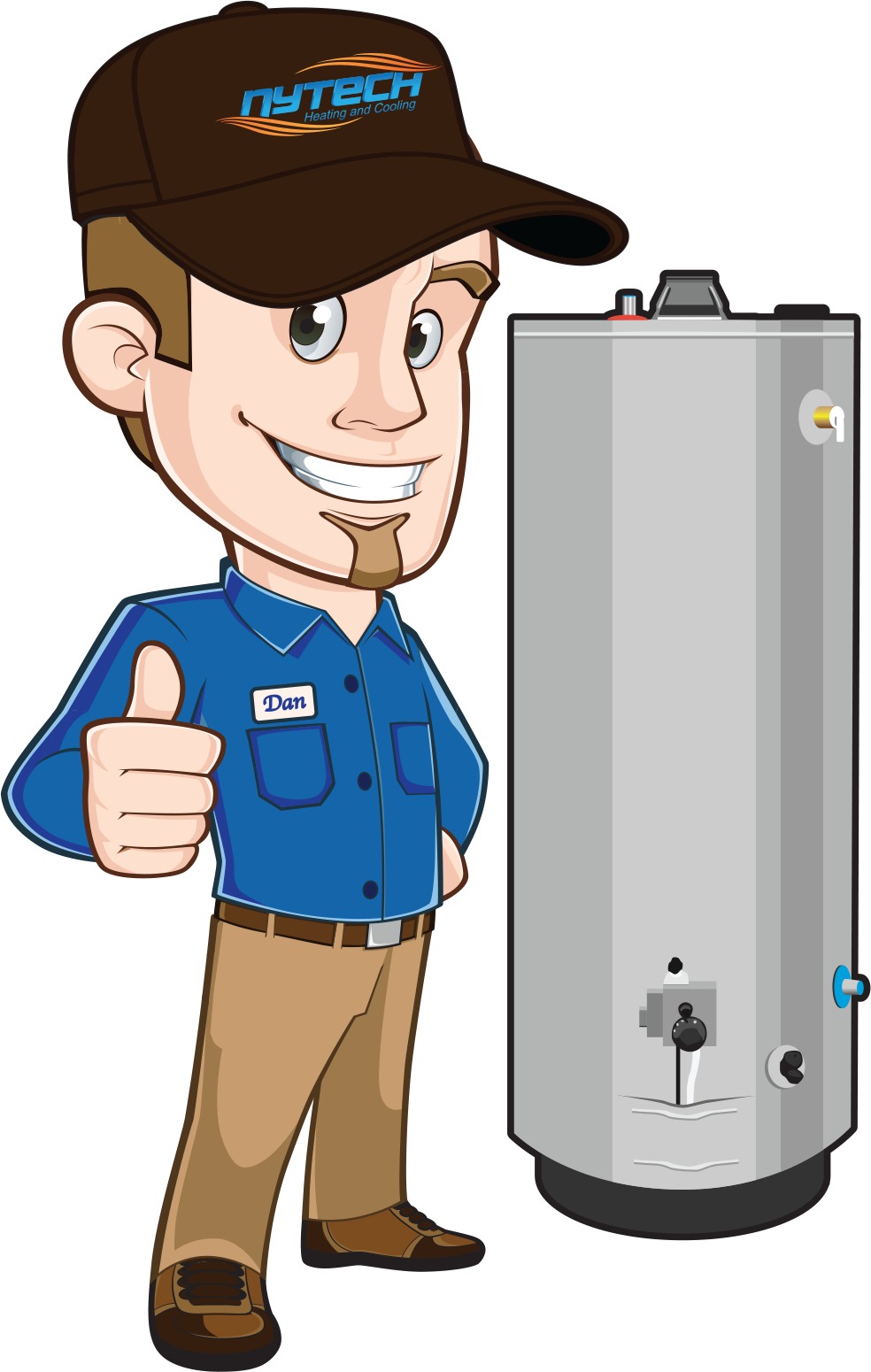 Nytech mascot giving a thumbs up next to a water heater