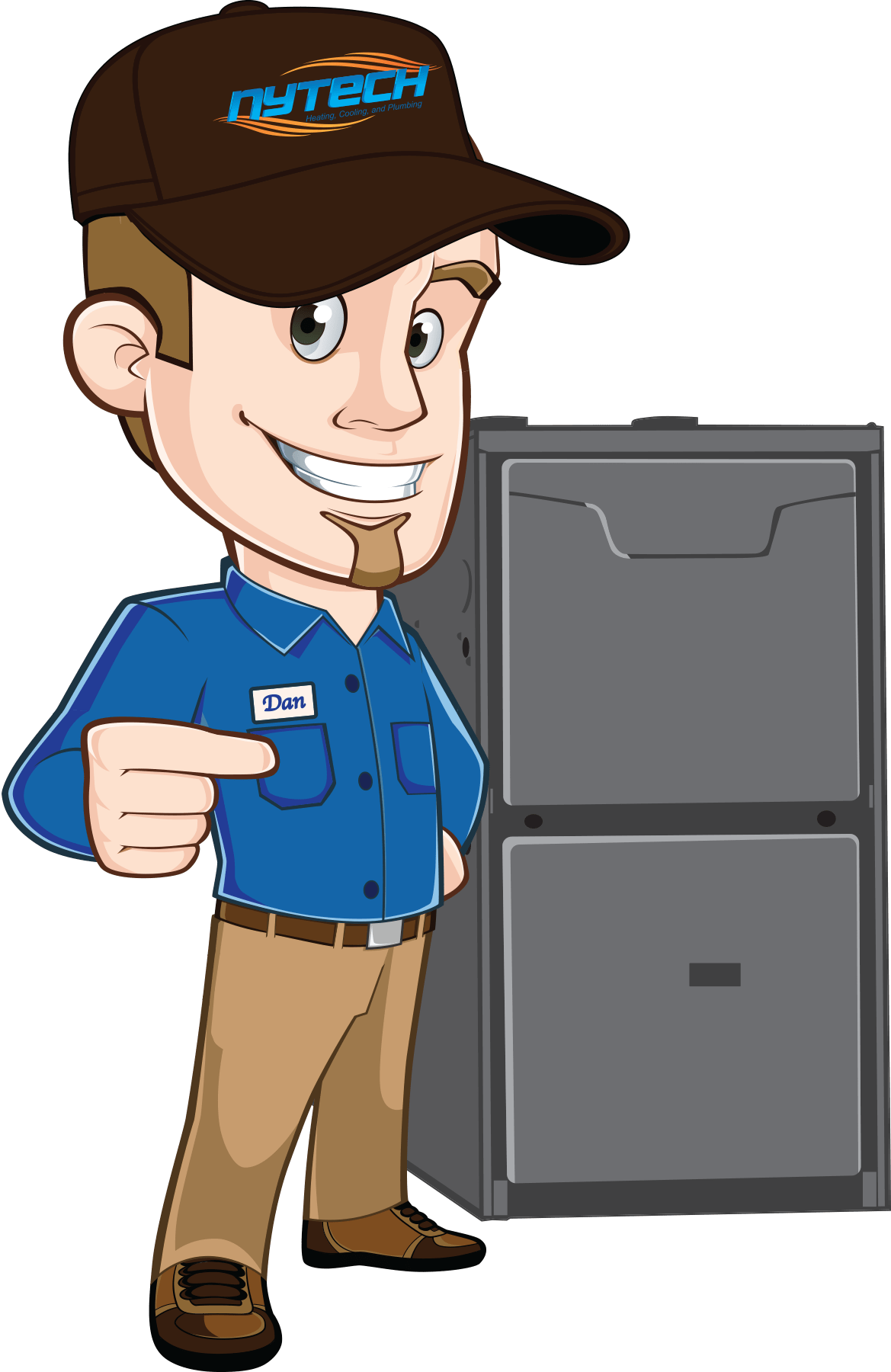 Cartoon Nytech mascot giving a thumbs up next to some HVAC equipment