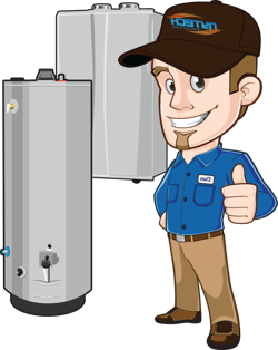 Cartoon Nytech mascot giving a thumbs up with some water heaters