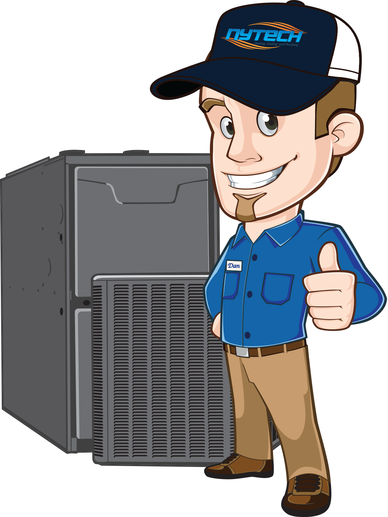 Nytech Heating, Cooling, and Plumbing cartoon mascot with water heaters